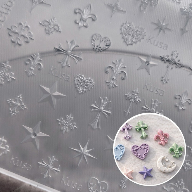 뷰티마우스 빈티지 별 하트 크로스 십자가 실리콘 네일 몰드, 1개, 투명