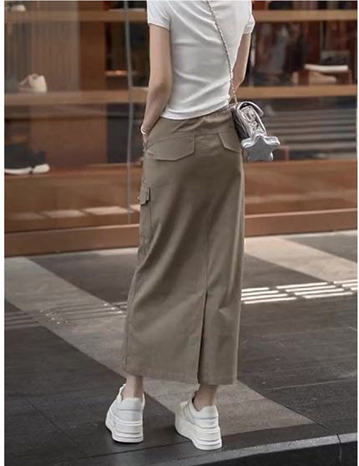 모던한 뒷트임 카고 롱스커트 여성 여름 하이웨스트 캐주얼 포켓 면 롱치마 데일리룩 슬림핏 맥시 스커트