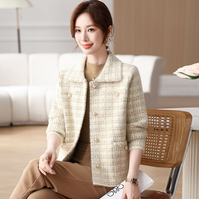 봄 가을 중년 여성 트위드 자켓 캐주얼 하객룩 엄마옷 루즈핏 터틀넥 숏 코트 슬림핏 소향풍 자켓 WXY