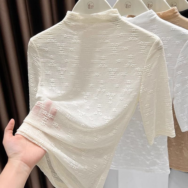 반폴라 반팔 레이스 이너셔츠 5부소매 망사티 편안 이너티 슬림핏 데일리 순색 레이스티