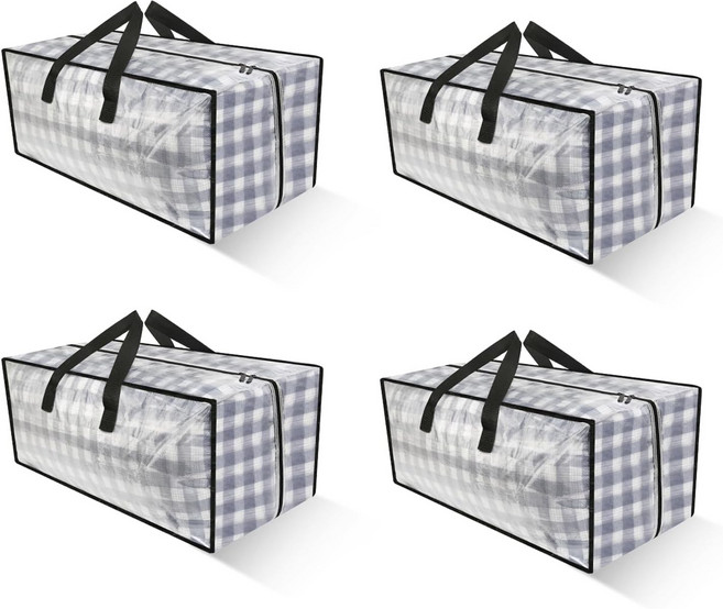 지퍼 있는 침구용 정리 가방 초특대 수납백 이블 의류용 플라스틱 오버사이즈 수납함 손잡이 접이식 포장 가방, 4개, 투명