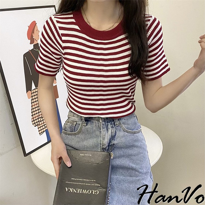 HanVo 清爽配色條紋短袖針織上衣 - 韓系休閒透氣親膚舒適