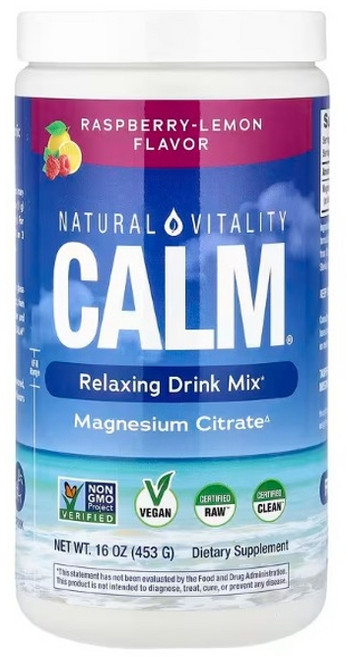 네츄럴바이탈리티 CALM 릴랙싱 드링크 믹스 마그네슘 시트레이트 라즈베리 레몬 맛 453g (16oz)