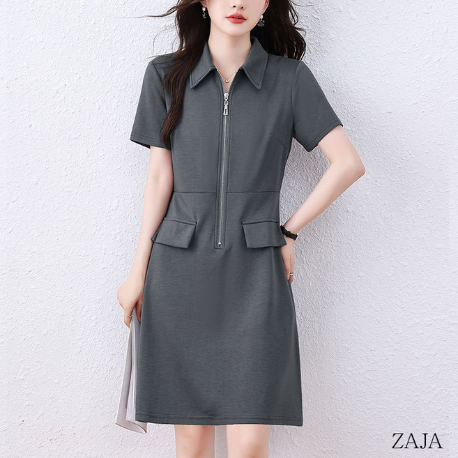 ZAJA 여름 슬림핏 반집업 카라 원피스 스판 얇은 데일리 반팔 미니원피스