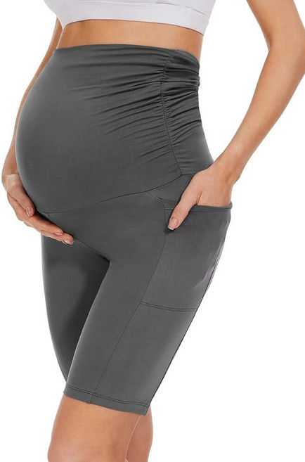 Happy.angel 주머니가 있는 임산부 바이커 반바지 복부 위 임신 요가 반바지 운동 러닝 라운지용 회색. 미디엄 405032