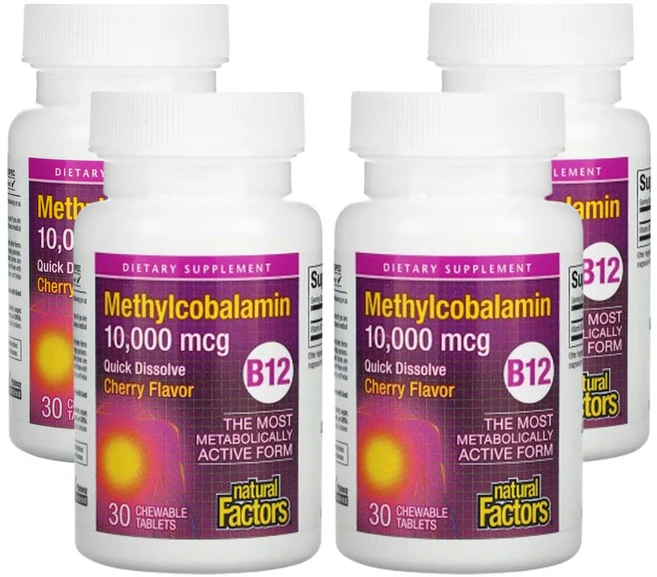 네츄럴팩터스 B12 메틸코발라민 체리 10 000mcg 츄어블 30 정, 4개 - 쿠팡