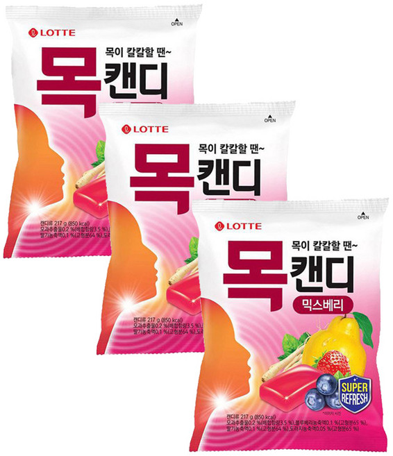롯데제과 목캔디 믹스베리봉 217g x 3개 목에좋은사탕