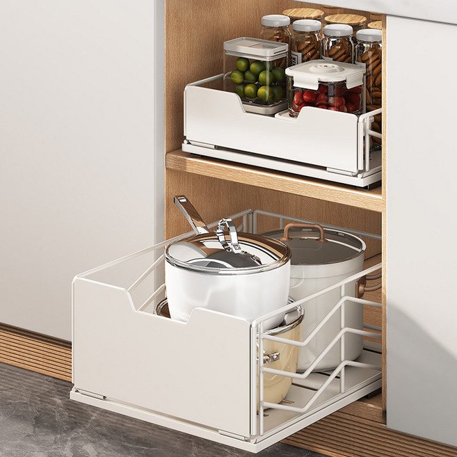 LA DERIVE 무타공 슬라이딩 서랍형 하부장 수납 선반 접시꽂이 양념통 정리대 레일선반 주방 선반 서랍식 수납장 찬장 슬라이딩선반 양념통선반 수납정리선반, 화이트