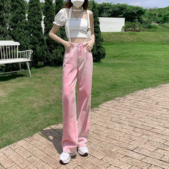 핑크 나염 데님 팬츠 여 일자 와이드 여름 하이웨스트 날씬해 보이는 홍콩 패션 ins