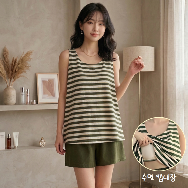 여성 캡내장 나시 반바지 홈웨어 파자마 여름 잠옷 세트