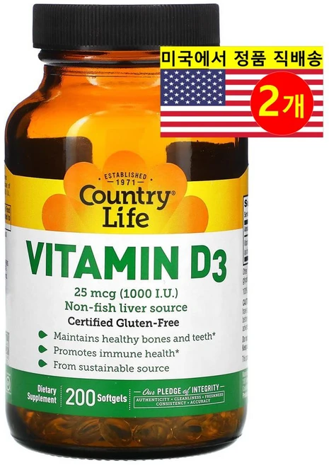 Country Life 컨트리 라이프 비타민 D3 1000IU, 2개, 200정 - 쿠팡