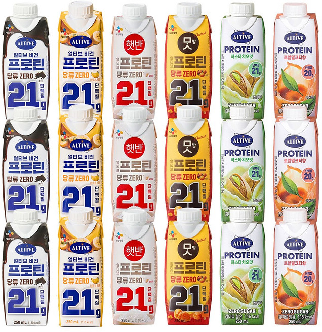얼티브 프로틴 당류제로 6종 비건 초코 바나나 햇반 맛밤 피스타치오맛 로얄밀크티 맛 각 3개 총(18개), 250ml
