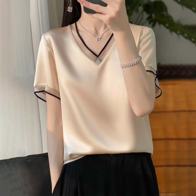 AOKADA 여성 새틴 시스루 브이넥 반팔 셔츠 아이스 실크 루즈핏 블라우스