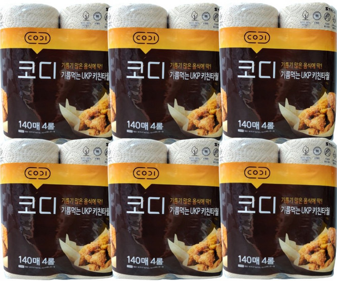 코디 기름먹는 UKP 무표백 키친타월 140매 4입 X 6팩, 6박스