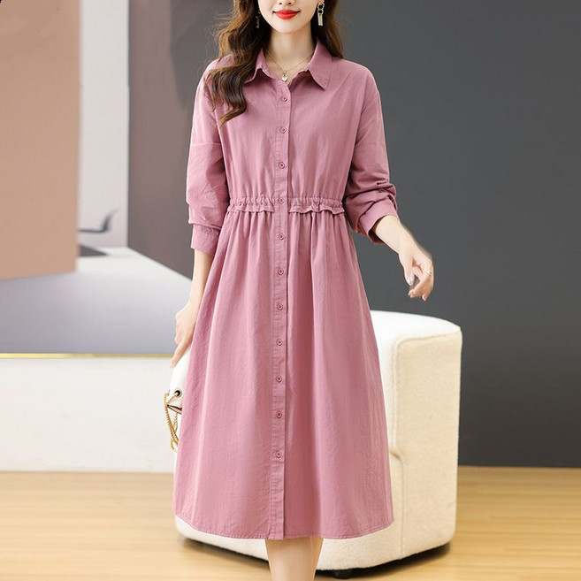 봄 가을 중년 여성 긴팔 원피스 캐주얼 하객룩 엄마옷 슬림핏 미디 스커트 기질 순면 폴로넥 원피스 CY