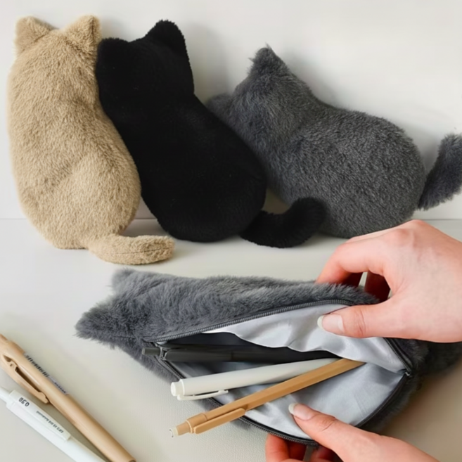 사랑스러운 고양이 뒷모습 캐릭터 봉제 파우치 필통, 1개, 블랙