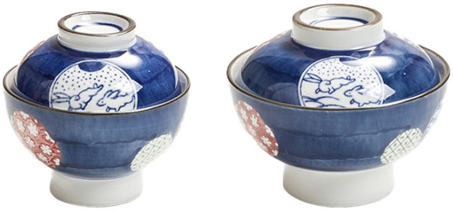 본인 일본풍 블루토끼 미니 공기대접세트(밥그릇1개+국대접1개+뚜껑2개), 1세트, 밥그릇1개+뚜껑2개+국대접1개