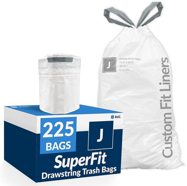 Reli. SuperFit Code J (225개) | Simplehuman J와 호환 맞춤형 핏 라이너 드로스트링 쓰레기 봉투 30-45리터 / 8-12갤런 화이트 롤 팩