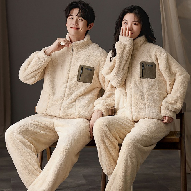 ANYOU [극세사/기모] 따뜻한 커플 겨울 파자마 세트 빅사이즈 홈웨어 잠옷 상하의세트