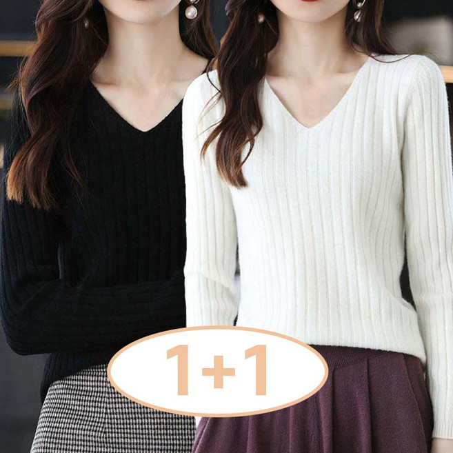 TIMEPURE 여성 브이넥 니트 얇은 풀오버 봄 가을 레이어드 니트 티셔츠 세로 줄무늬 캐주얼 데일리록 베이직 긴팔 이너 스웨터