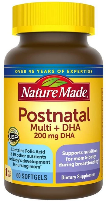 Nature Made Postnatal Multi + DHA 네이처 메이드 포스트네이털 멀티비타민 산후 영양제 60소프트젤, 1개, 60정 - 쿠팡