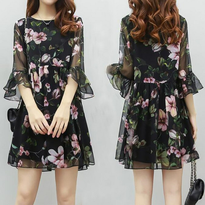 ROYALBELLE 여성 빅사이즈 플로랄 원피스 언밸런스 망사 미니 반팔 원피스 F0031303