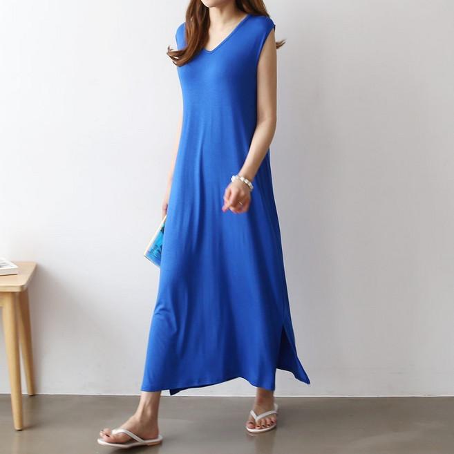 아이엠수 실켓 V넥 민소매 롱원피스