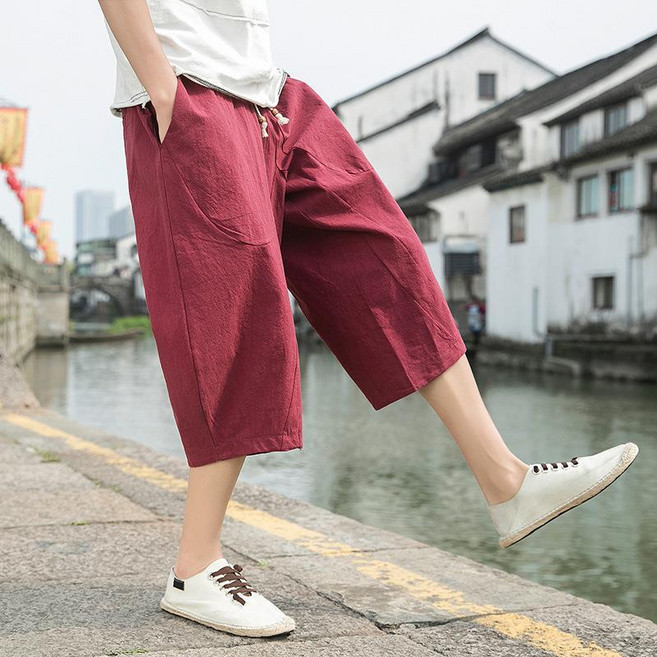 夏季亞麻純色系帶透氣七分褲, 1個, 酒紅3XL建議170-190斤