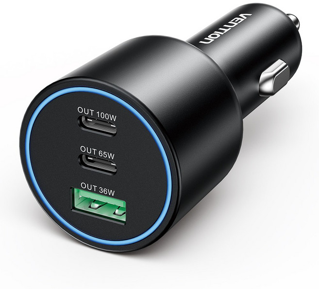 벤션 차량용 시거잭 트리플 165W PD PPS QC 멀티 고속충전기, 블랙, FFFB0