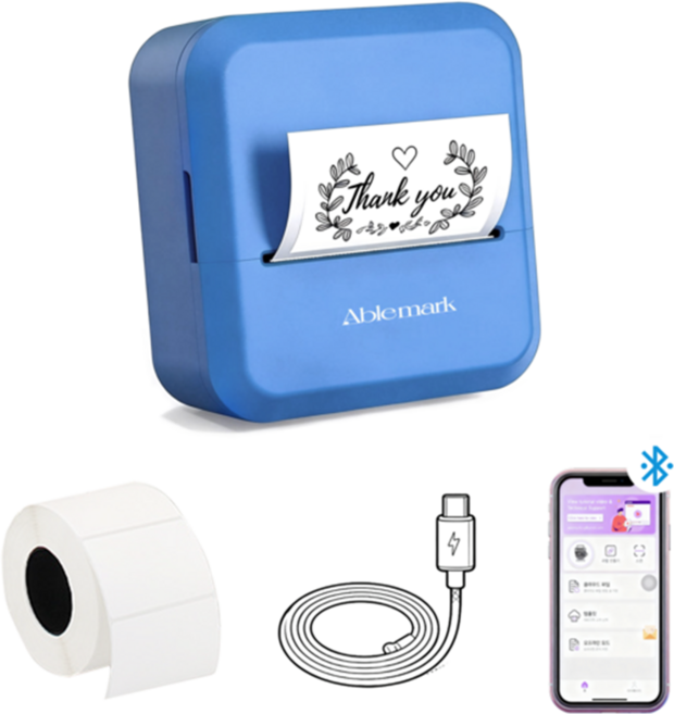 Ablemark 라벨 프린터기 스티커 라벨지포함 고속인쇄 바코드 생성 큐알코드 스캔 가능, 1세트, 푸른