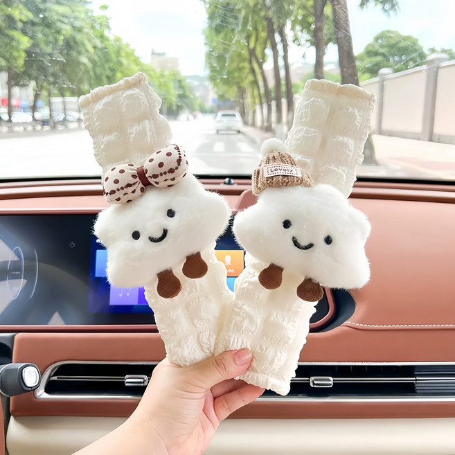 자동차 안전벨트 숄더쿠션 푸프 카툰 구름 2P, 1개, 카페모자 구름, 리본 구름 각 1개