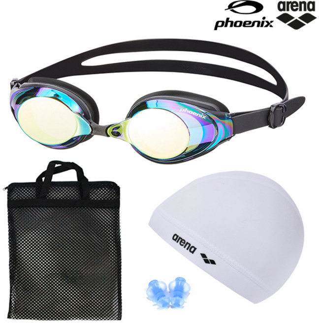 피닉스 코모도 미러수경 PN-1200M 물안경 스판수모 가방 귀마개 4종 세트, 미러수경(골드)+스판수모(화이트)+망사가방(블랙)+귀마개(랜덤), 1개