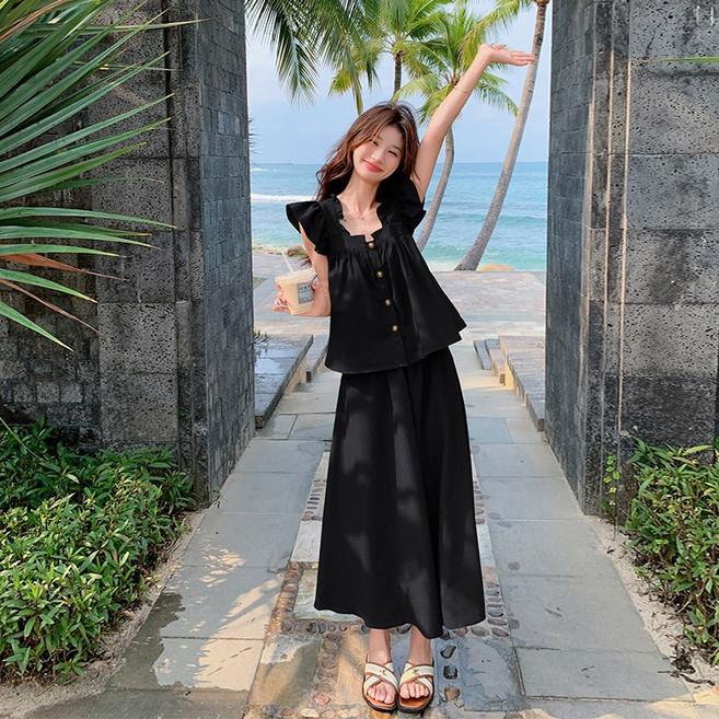 여름 여성 투피스 세트 데일리룩 치마 투피스 하객룩 롱 스커트 세트 캐주얼 휴양지룩 투피스 치마세트