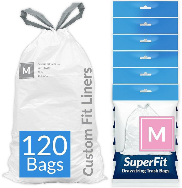 Reli. SuperFit Code M (120개) | Simplehuman M과 호환 디스펜서 팩 맞춤형 핏 라이너 드로스트링 쓰레기 봉투 45리터 / 11.9갤런 화이트