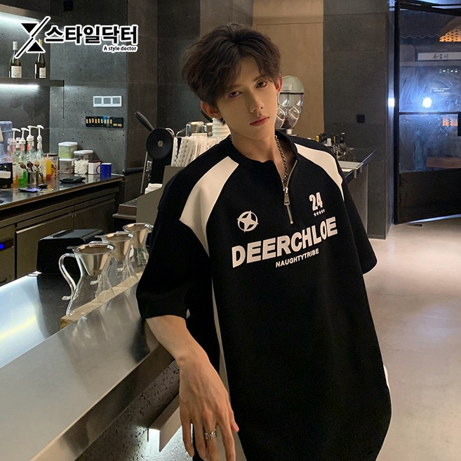 스타일닥터 여름 남성 반팔 티셔츠 하프 집업레 그란 숫자 프린트 스포티 캐주얼 데일리 티