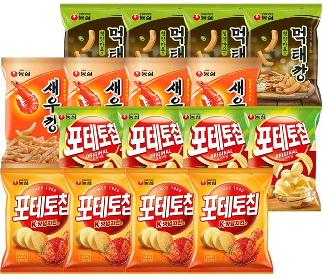 농심 포테토칩4+포테토칩양념치킨맛4+새우깡4+먹태깡4, 16개, 50g