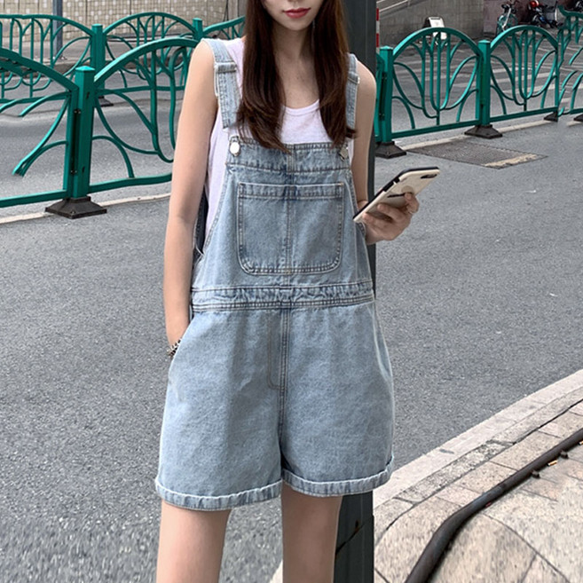 슬림소녀 여성 여름 얇은 하이웨스트 데님 멜빵바지 오버핏 반바지
