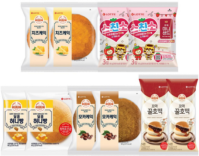 스친소 미니샌드 스트로베리 65g x2개+모카케익 90g x2개+치즈케익 95g x2개+꼬마 꿀호떡125g x2개+달콤허니빵90g x2개, 1세트, 930g