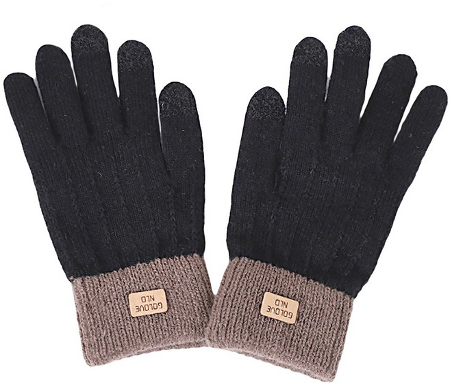 여성용 투톤라벨 니트장갑 스마트폰터치 기모 털장갑 JUN팩토리, 블랙, 1개
