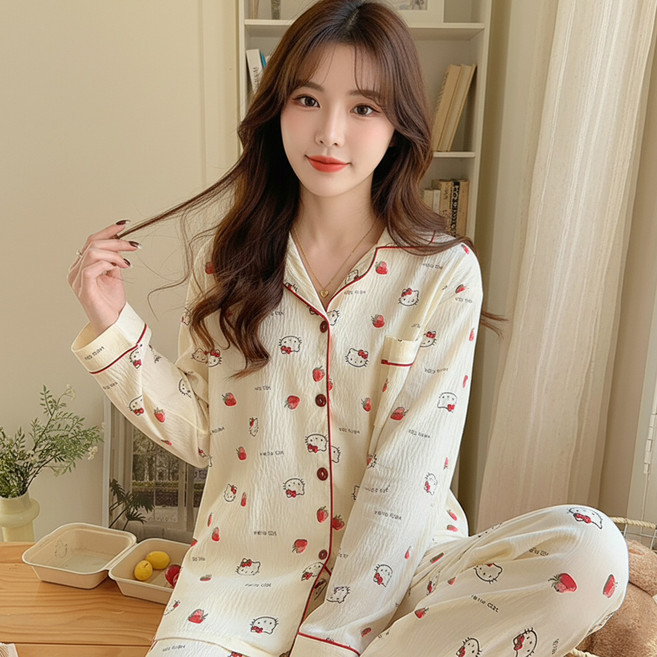 CozyLab 봄가을 여성 수면 잠옷 파자마 상하의 귀여운 고양이 곰돌이