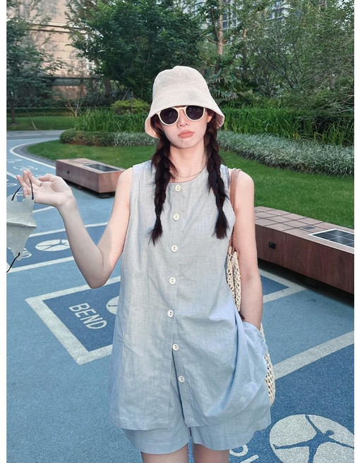 COSYEVNO 여성 여름 버튼업 민소매 점프수트 반바지 캐주얼 Tzktz-10