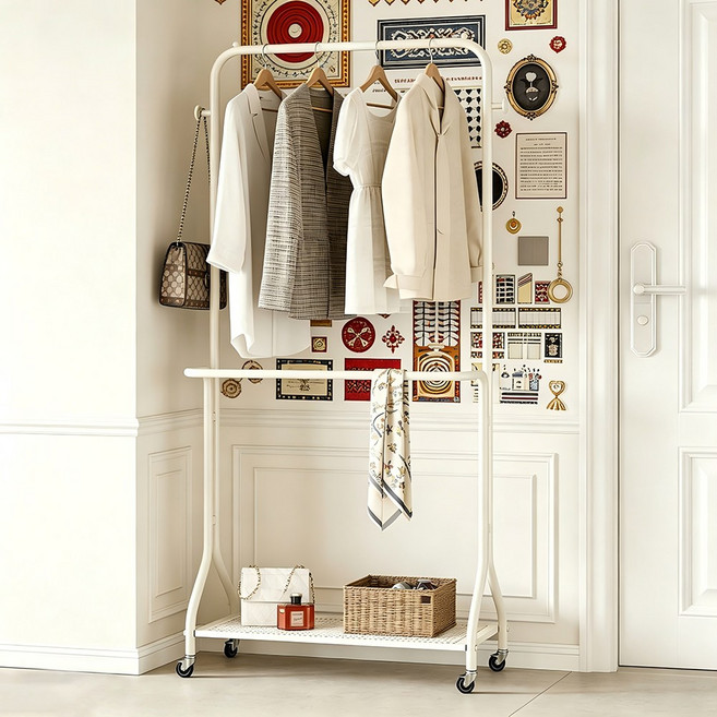 스탠드 행거 바퀴 달린 이동식 옷걸이 수납 선반 포함, 크림색