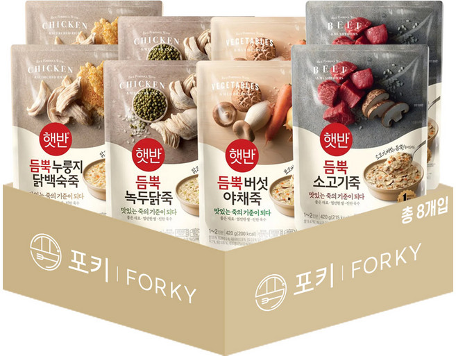 듬뿍 파우치죽 8개 혼합세트 (듬뿍녹두닭죽+듬뿍누룽지닭백숙죽+듬뿍버섯야채죽+듬뿍소고기죽 각 2개), 1세트