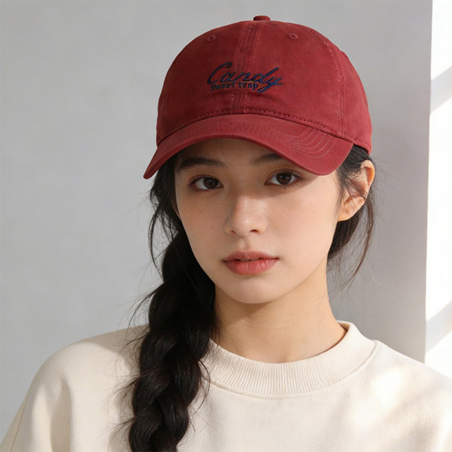 VITALO 워시드 레터링 볼캡 남녀공용 캔디 자수 빈티지 코튼 캡모자 봄 여름 캐주얼 볼캡