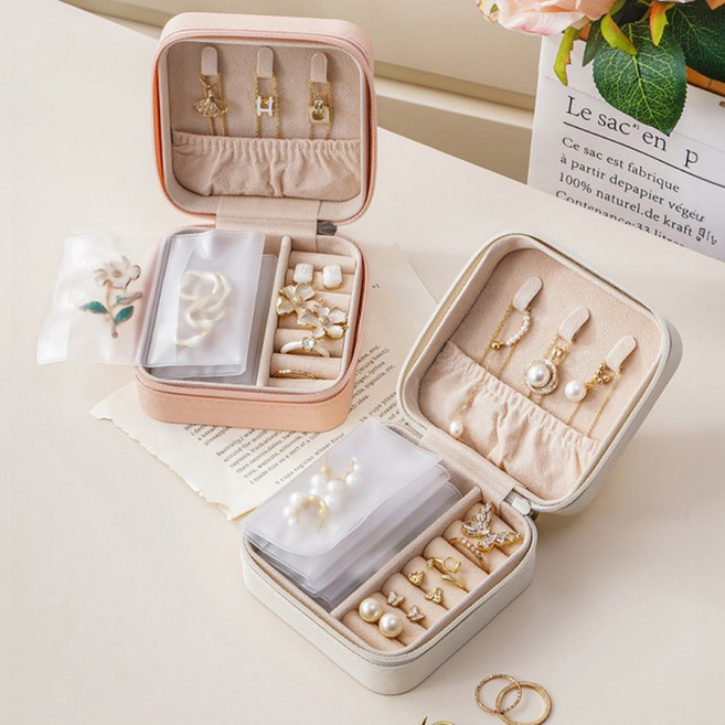 사각 휴대용 주얼리 목걸이 반지 보석함, 아이보리, 1개