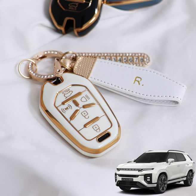 영카클럽 신형 액티언 2세대 호환 TPU 스마트키 키케이스 커버 차량 악세사리 용품, type2, 골드엣지 화이트 메탈오링