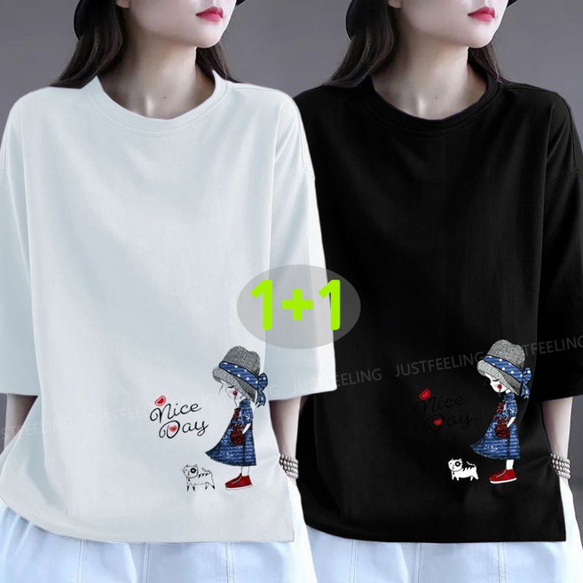 JUSTFEELING 2장묶음 7부소매 티셔츠 데일리 라운드티 봄 여름티 컬즈 패턴 레터링 캐주얼 트임 박시티 상의 티 M-4XL