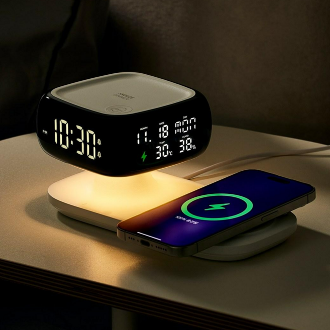 오더블유씨 마노 15W 고속 무선충전 무드등 탁상시계, 마노 15w 무선충전 무드등 시계
