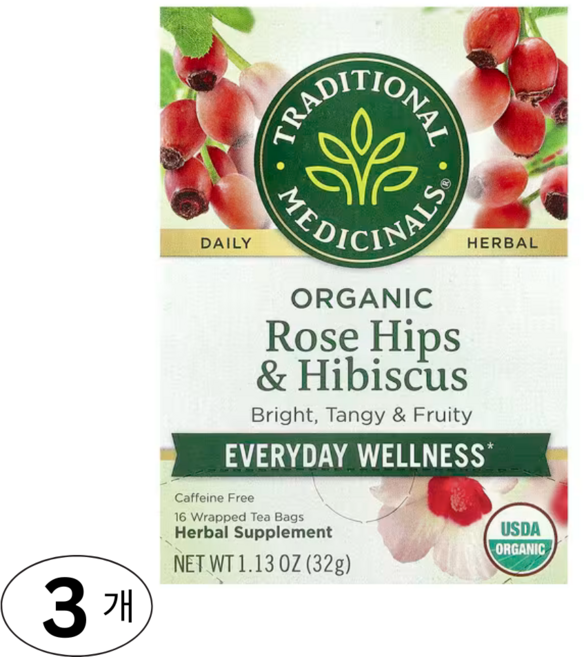 Traditional Medicinals 로즈힙 히비스커스 디카페인 티백, 3개, 16개입, 32g