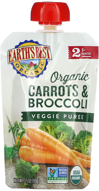 Earth's Best 유기농 채소 퓨레 생후 6개월 이상 당근 & 브로콜리 99g(3.5oz), 1개